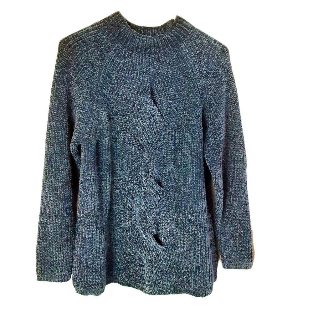 J Jill Chenille Sweater Size MED Long Sleeve Blue Soft Chunky Heavyweight Winter